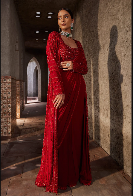 RED EMBROIDERED GEORGETTE PRE DRAPE SAREE SET