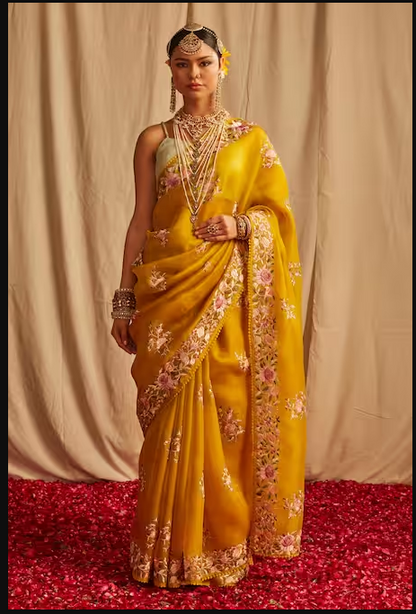 Paaprika Women Yellow Organza Embroidered Thread Work Floral Saree For Women