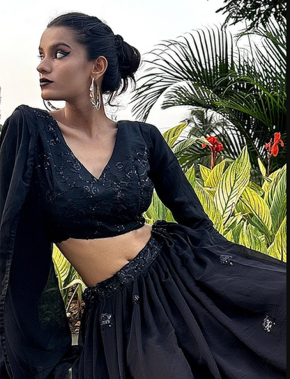 Women Odette Women Designer Black Georgette Semi Stitched Lehenga With Unstitched Blouse