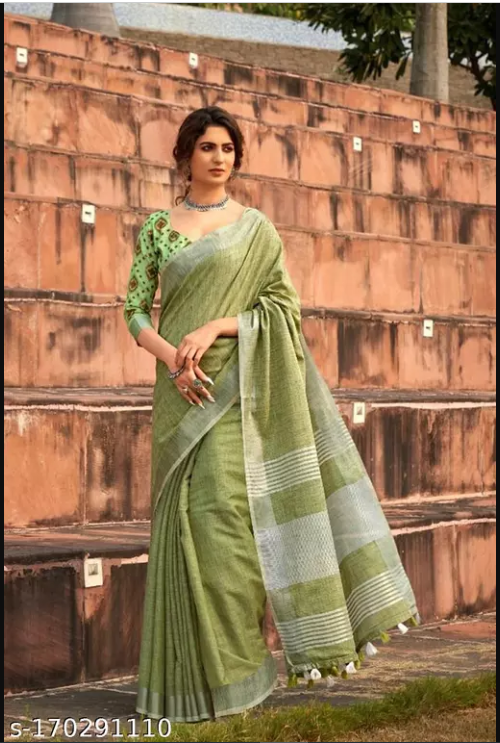 NK TEXTILES Linen Cotton Saree with Tassels