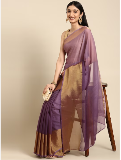 Violet & Gold-Toned Solid Pure Chiffon Saree