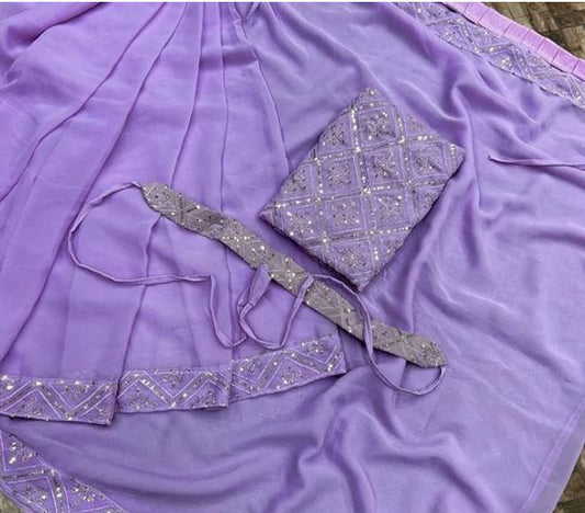 GAJERACHOICE Women,s Purple Faux Georgette Silk Embroidery Sequance Work Ready To Wear 1 minute Saree With Blouse