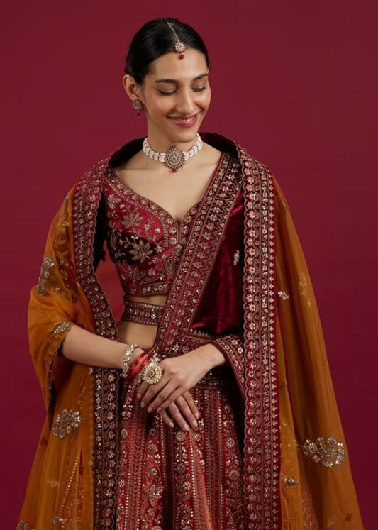 Cherry red and Sunrise Orange Rhinestone Work Bridal Lehenga