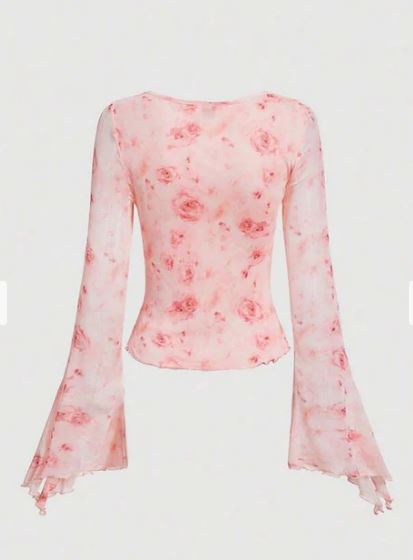 V Neck Front Knot Floral Print Flare Long Sleeve