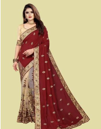 Women's Vichitra Silk Half & Half Embroidered Saree Diwa Half Maroon