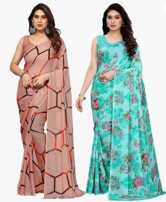 Women's Printed Georgette Saree With Blouse Piece Combo Pack of 2