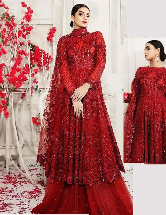 Maroon Butterfly Net Embroidery Sharara Suit