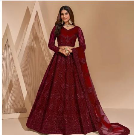 Dismaying Read Color Function Wear Net Chine Stitched Work Lehenga Choli