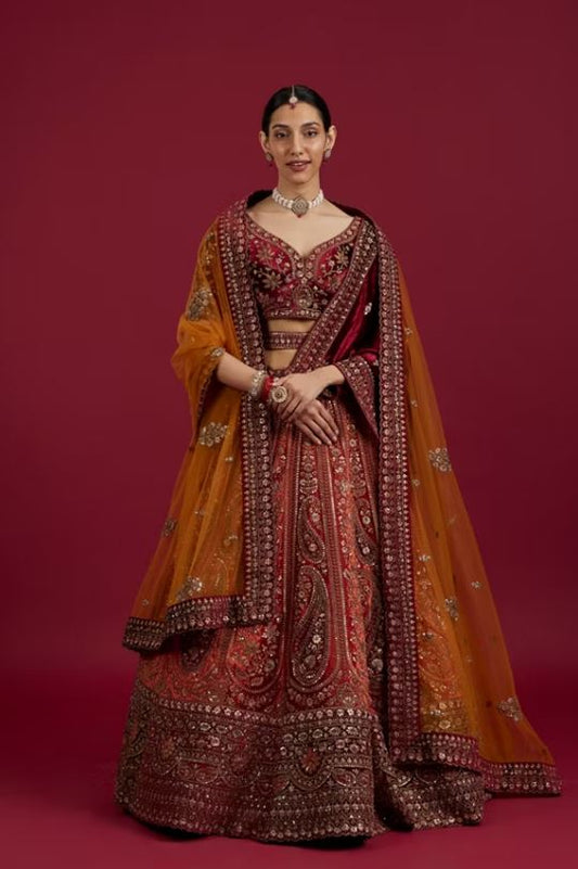 Cherry red and Sunrise Orange Rhinestone Work Bridal Lehenga