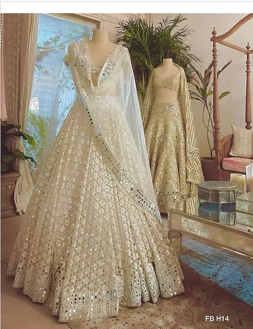 Wedding Latest Party Wear Cream Mirror Lehenga Designs