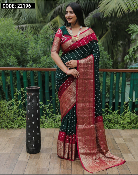 Multi color hand bandhej silk saree with zari weaving work