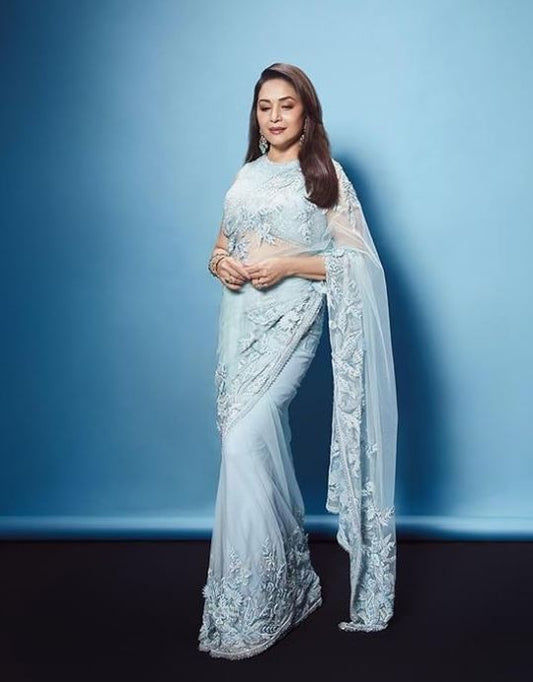 Sky Blue Butterfly Net Thread Work Wedding Wear Saree