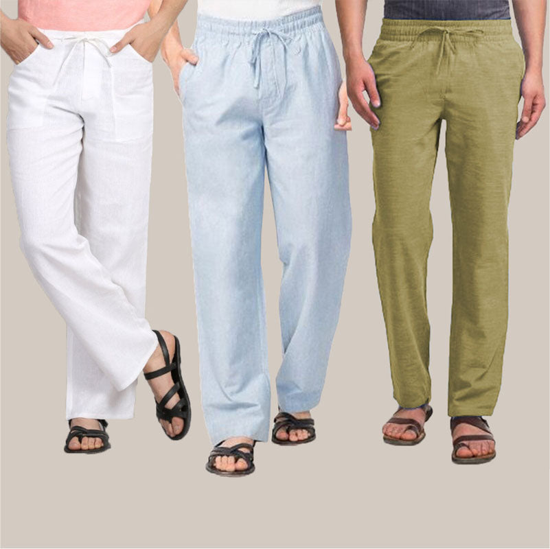 COMBO OF 3 COTTON MEN HANDLOOM PANT WHITE OLIVE GREEN AND SKY BLUE