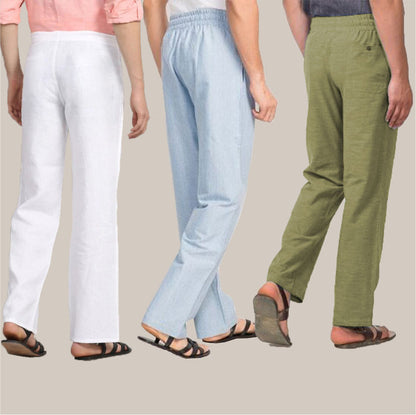 COMBO OF 3 COTTON MEN HANDLOOM PANT WHITE OLIVE GREEN AND SKY BLUE