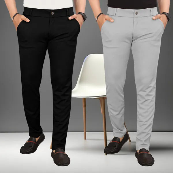 Set of 2 Slim Fit Trouser Twill Lycra For Men Black and Light Grey Combo