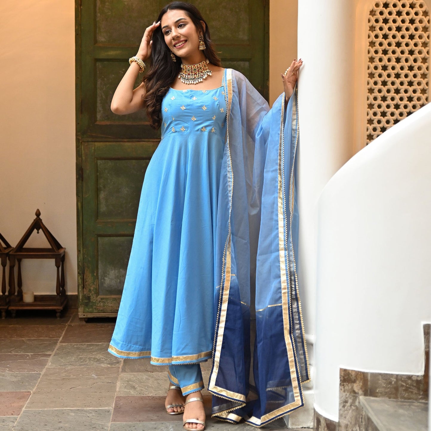 Sky Blue Embroidery Georgette Wedding Wear Anarkali Suit