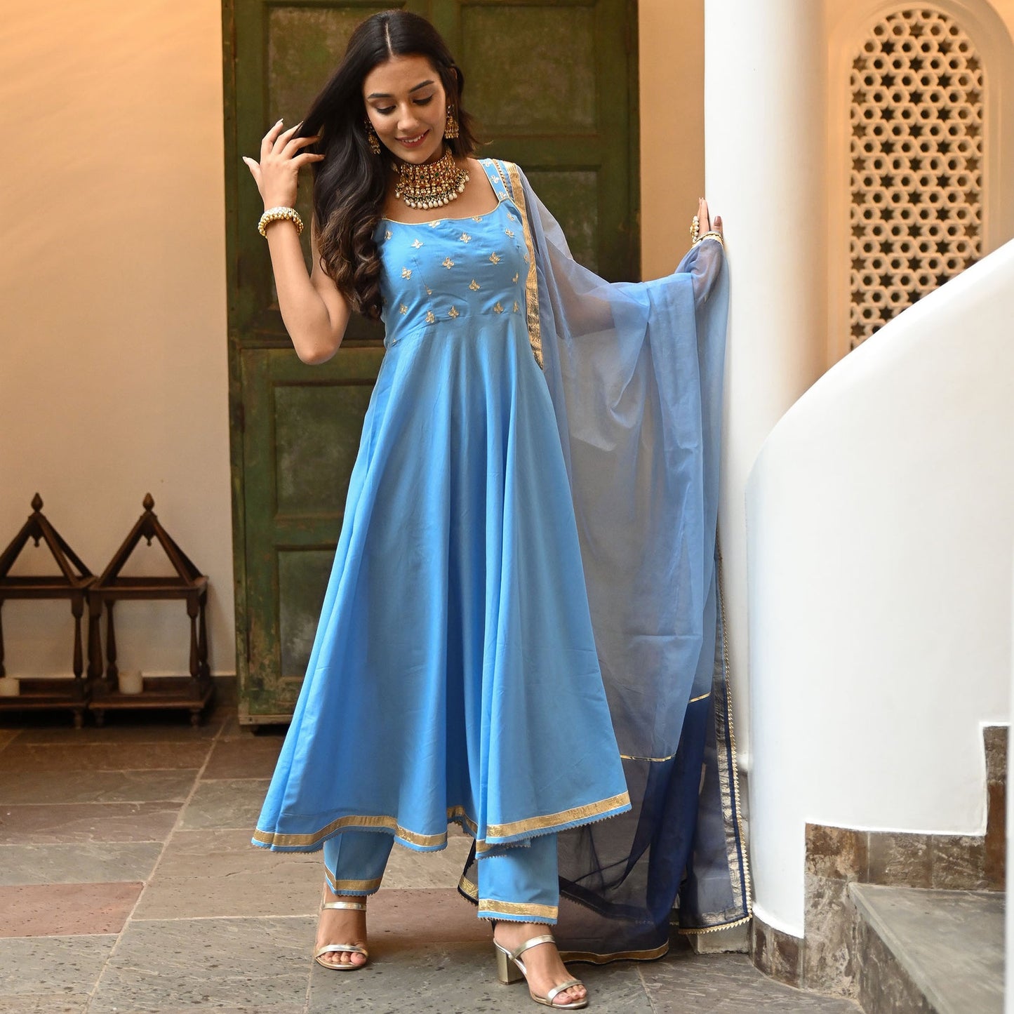 Sky Blue Embroidery Georgette Wedding Wear Anarkali Suit