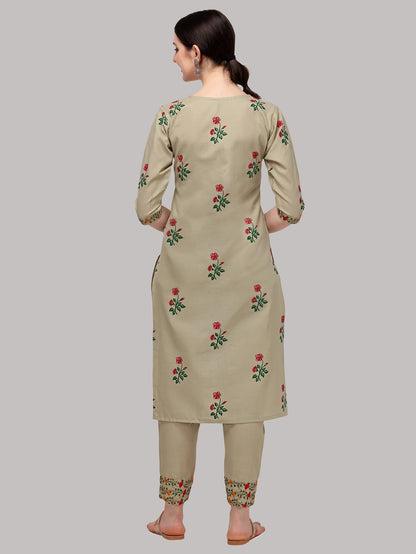 Beige Rubi Cotton Printed Embroidered Casual Wear Kurta Set