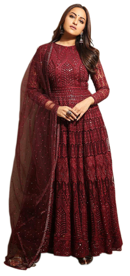 Maroon Embroidered Floor Length Anarkali Suit