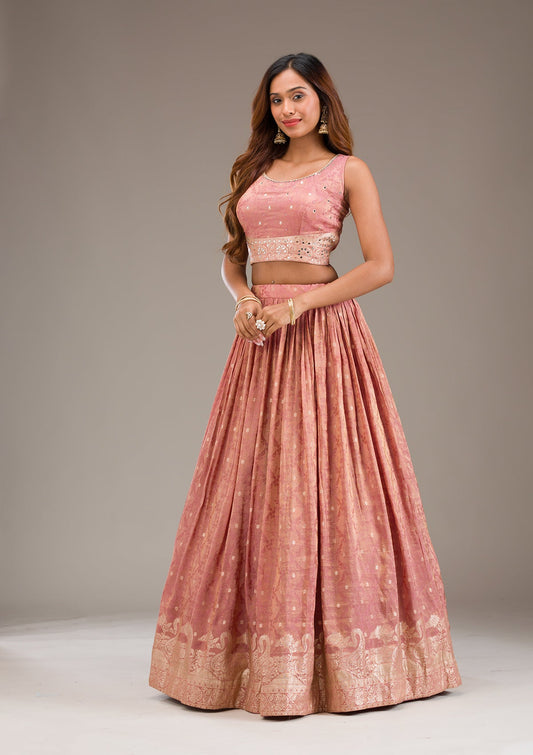 Raw Silk Designer Flared Lehenga with Mirror Work