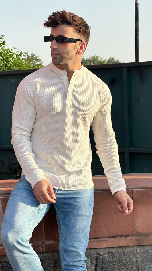 WHITE WAFFLE HENLEY T-SHIRT