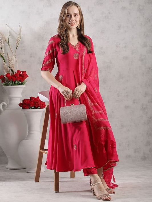 Floral Printed Gotta Patti Anarkali Kurta With Trousers & Dupatta