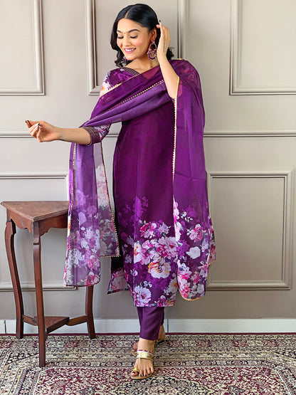 Women's Cotton Blend Straight Printed Kurta Set With Dupatta