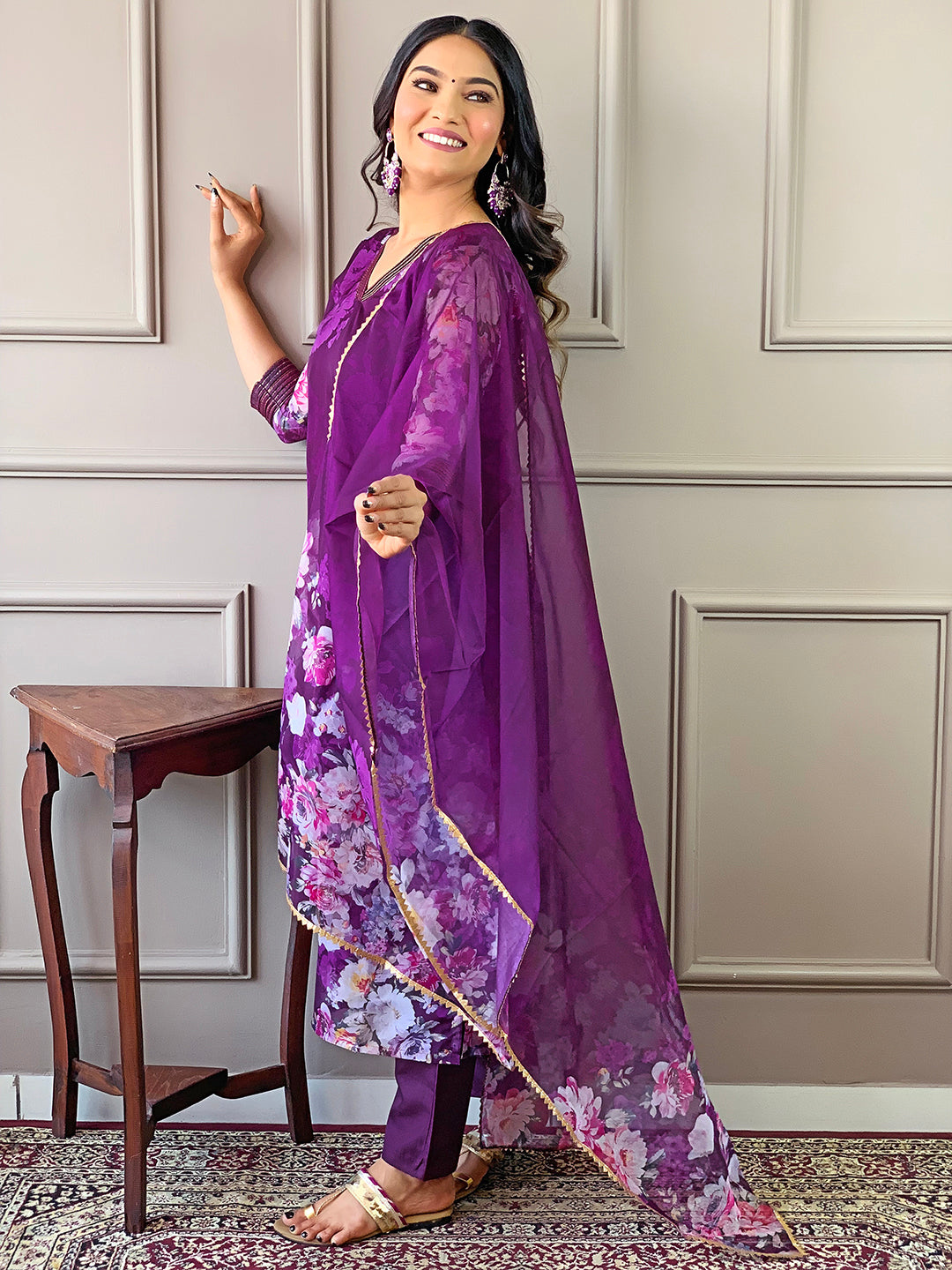 Women's Cotton Blend Straight Printed Kurta Set With Dupatta