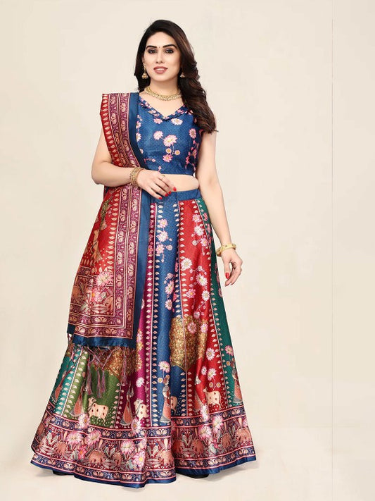 Printed Semi-Stitched Lehenga & Unstitched Blouse With Dupatta