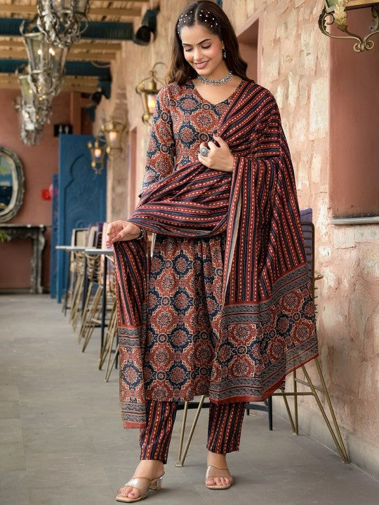 Ethnic Motifs Printed A-Line Kurta with Trousers & Dupatta