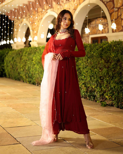 MAROON BLUSH EMBROIDERED GEORGETTE SUIT SET