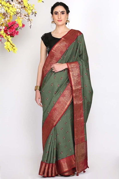 OLIVE GREEN MOONGA SILK SAREE - SILK MARK CERTIFIED