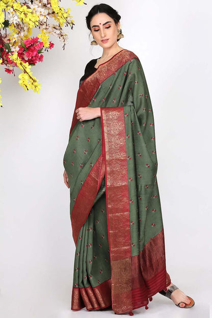 OLIVE GREEN MOONGA SILK SAREE - SILK MARK CERTIFIED