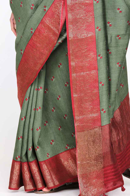 OLIVE GREEN MOONGA SILK SAREE - SILK MARK CERTIFIED