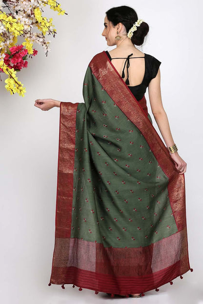 OLIVE GREEN MOONGA SILK SAREE - SILK MARK CERTIFIED