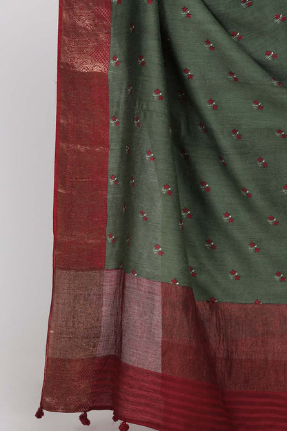 OLIVE GREEN MOONGA SILK SAREE - SILK MARK CERTIFIED