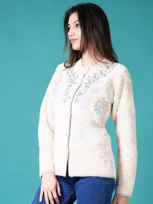 Women Embroidered Round Neck Cardigan