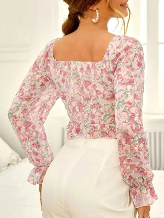 Floral Printed Square Neck Ruffled Sleeve Top