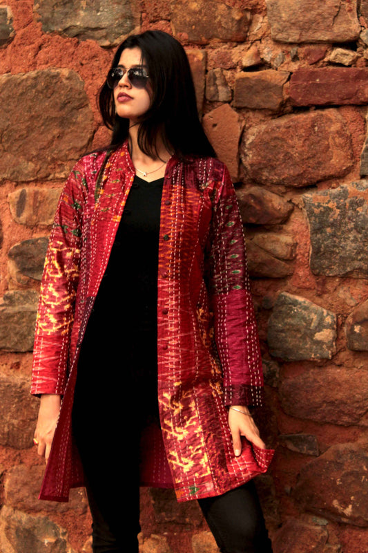 Karmadori Hazley Ravishing Rubies Patola Silk Patchwork Kantha Long Jacket