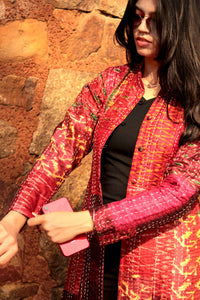 Karmadori Hazley Ravishing Rubies Patola Silk Patchwork Kantha Long Jacket