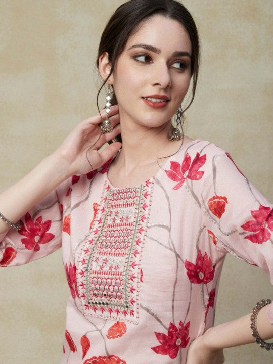 Floral Embroidered Mirror Work Pure Cotton Kurta With Trousers & Dupatta