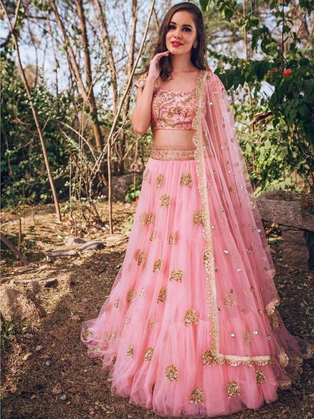 Rose Pink Net Sequin Partywear Lehenga Choli