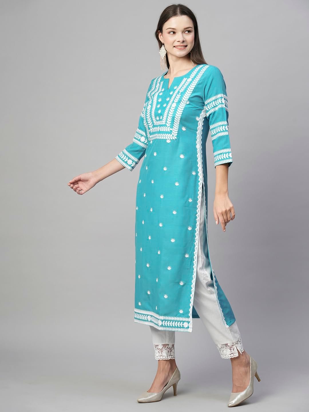 Women's Cotton Blend Chikankari Embroidered Straight Kurti