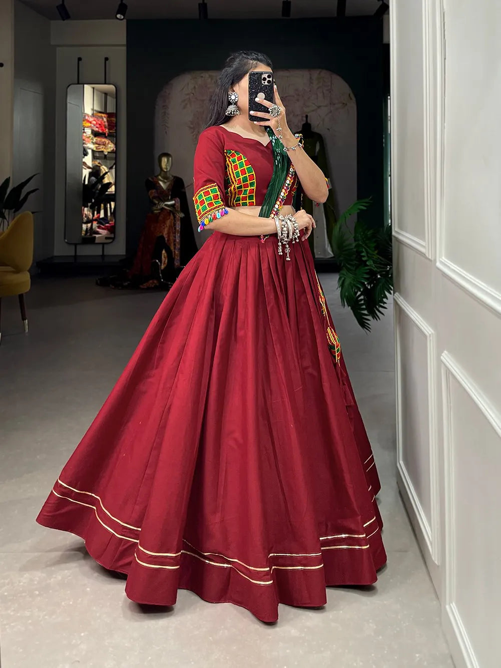 Maroon Full Flare Lehenga Choli With Bandhani Dupatta