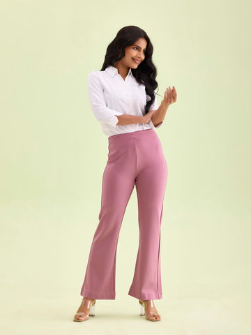 Women Solid Rusty Pink High Rise Ponte Bell Bottoms