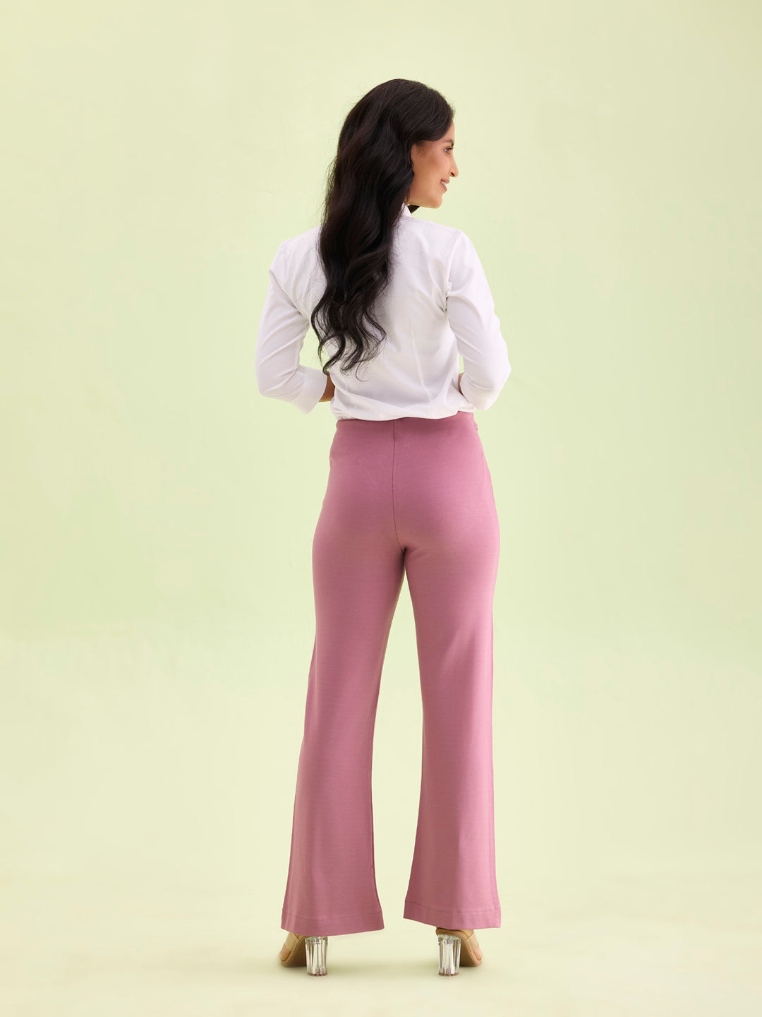 Women Solid Rusty Pink High Rise Ponte Bell Bottoms