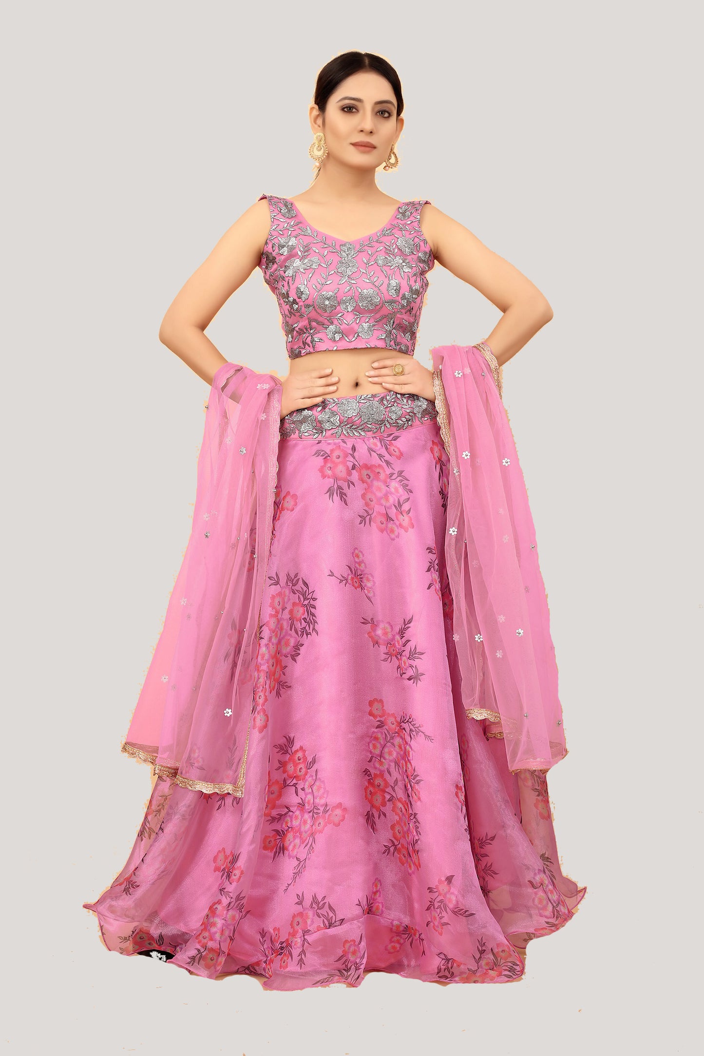 Pink Organza Printed Lehenga Choli