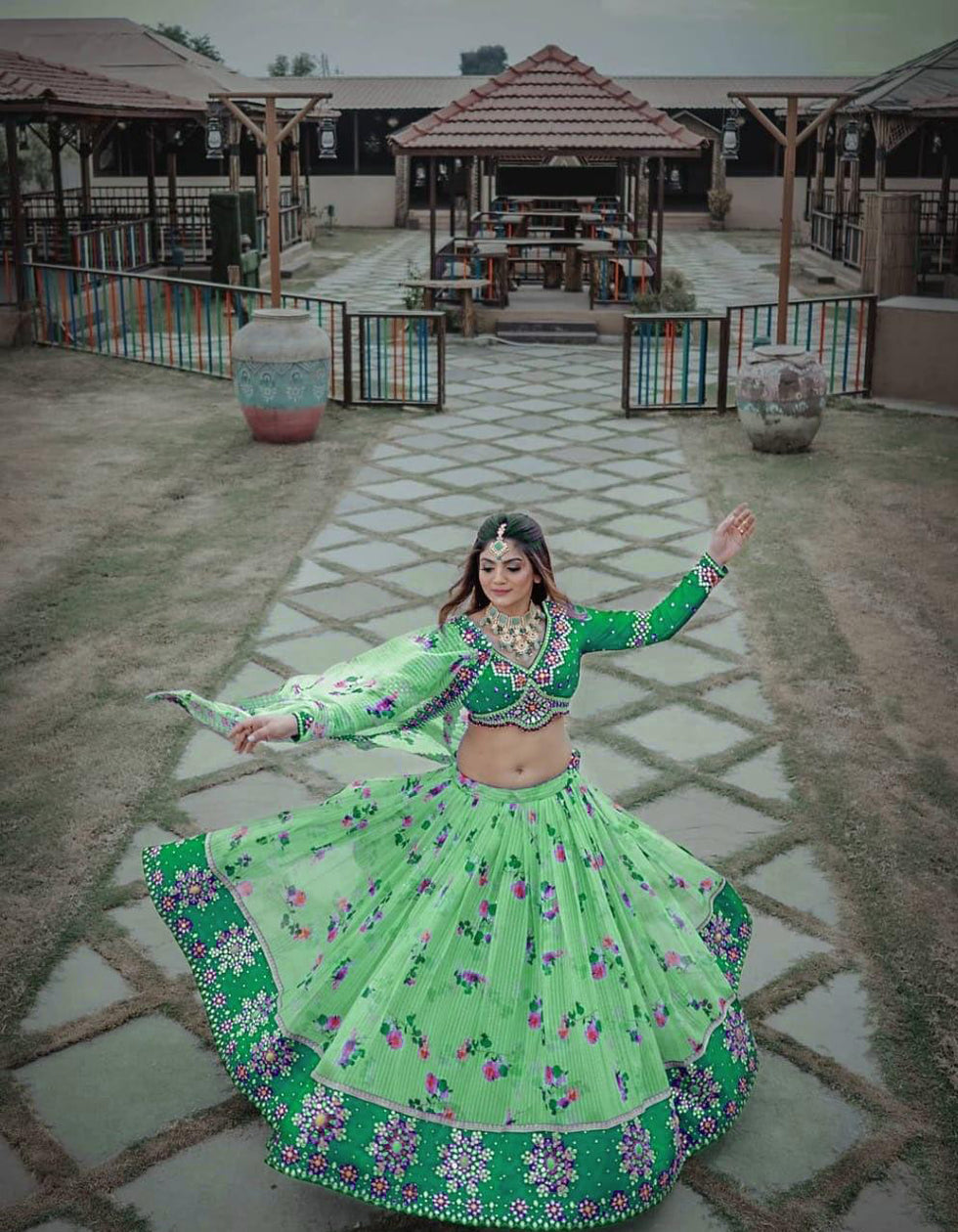 Light Green Heavy Georgette Digital Printed  Wedding Wear Lehenga Choli