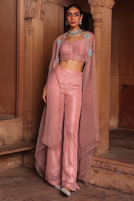 Pink Organza Hand Embroidered Dhoti Set