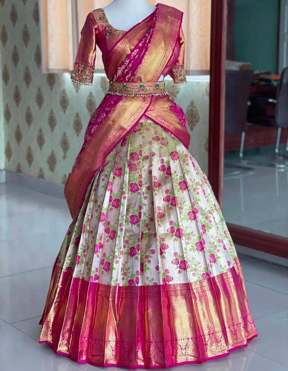 Multi Printed Kanjivaram Silk  Wedding Wear Lehenga